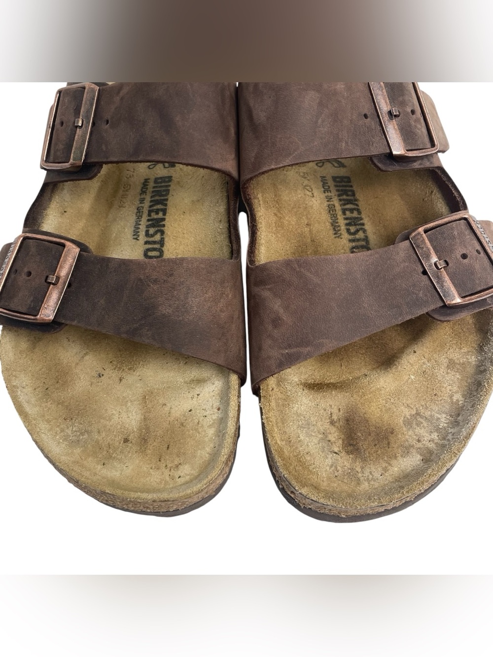 Birkenstock Sandals Double Strap Arizona Brown Leather Men 7-7.5 Women 9-9.5 - Picture 2 of 14